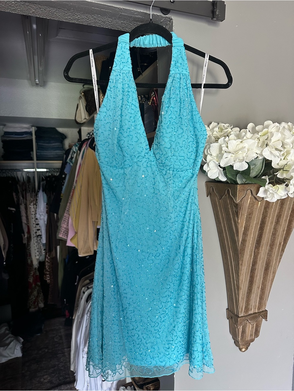Vintage Teal Halter V-Neck beaded Dress
